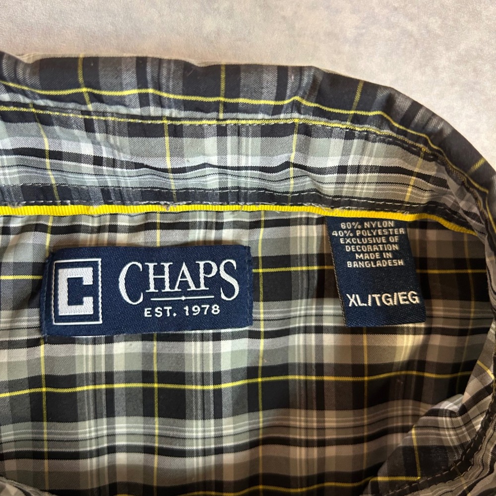 Chaps Mens XL Plaid  Button Down  Shirt  Black  Grey  Yellow  Long Sleeve Casual - Picture 2 of 9